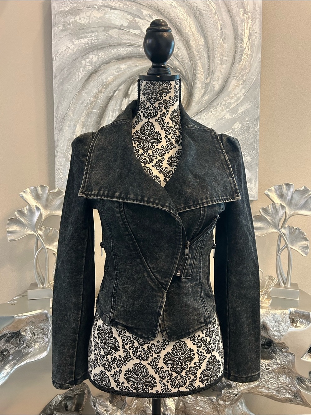 Women's Grey Acid Washed Denim Moto Jacket